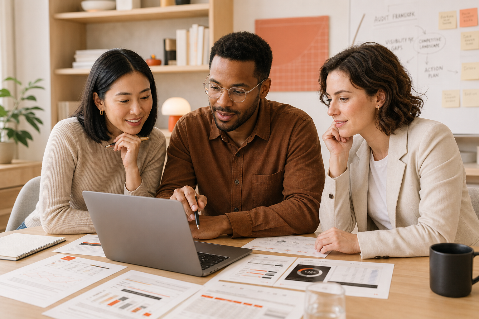 A team reviewing audit insights together around a laptop and printed reports